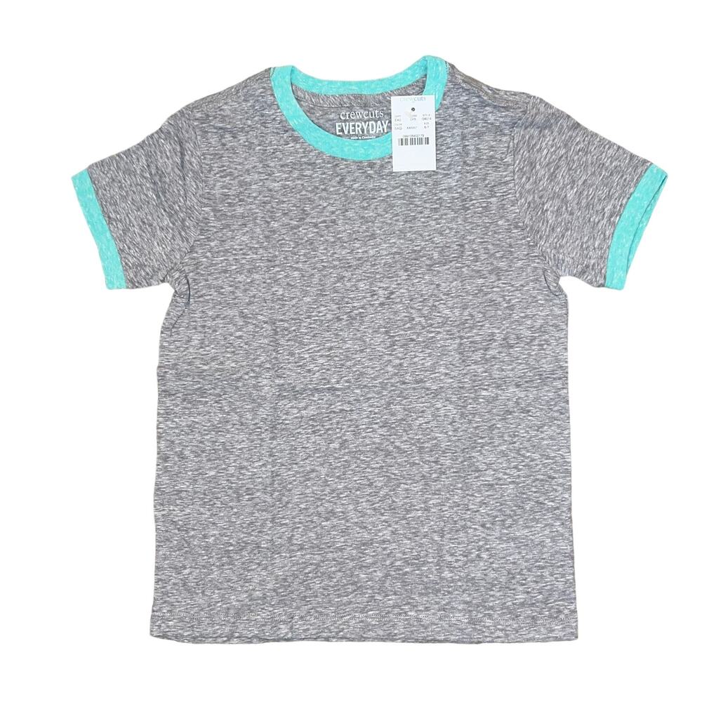 NWT J. Crew Kids' Grey and Teal Green Ringer Crewneck T-Shirt - SIZE 6-7